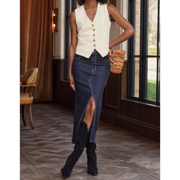 NWT Good American | Slit Front Midi Skirt In Dark Indigo716 - Picture 3 of 9